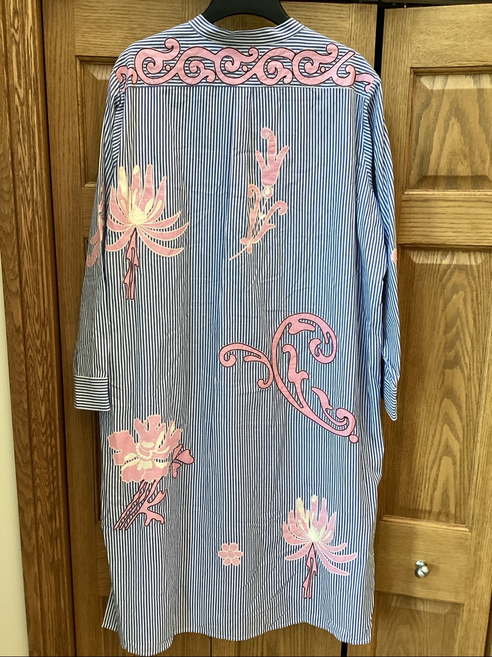 Tory Burch blue and white striped shirt dress with pink embroidered flowers. - Picture 2 of 16